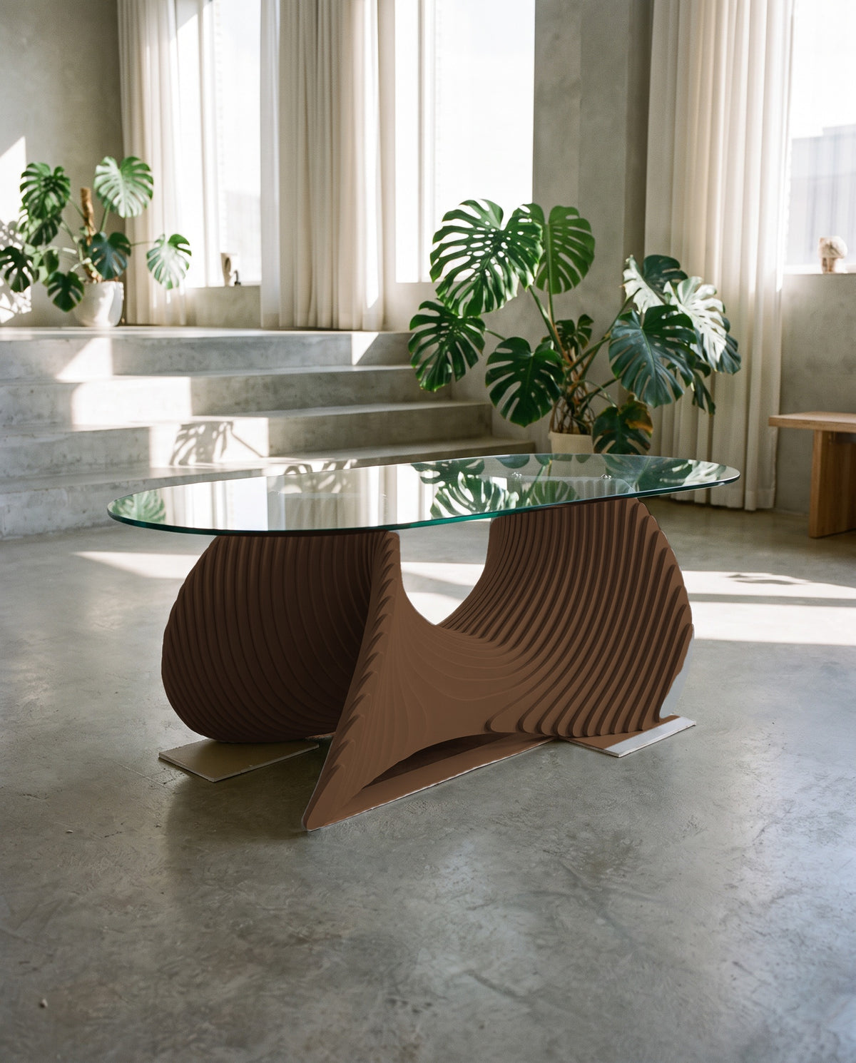 Parametric Coffee Table in dark brown - sculptural wood coffee table, CNC-cut in Mississauga, delivered across the GTA