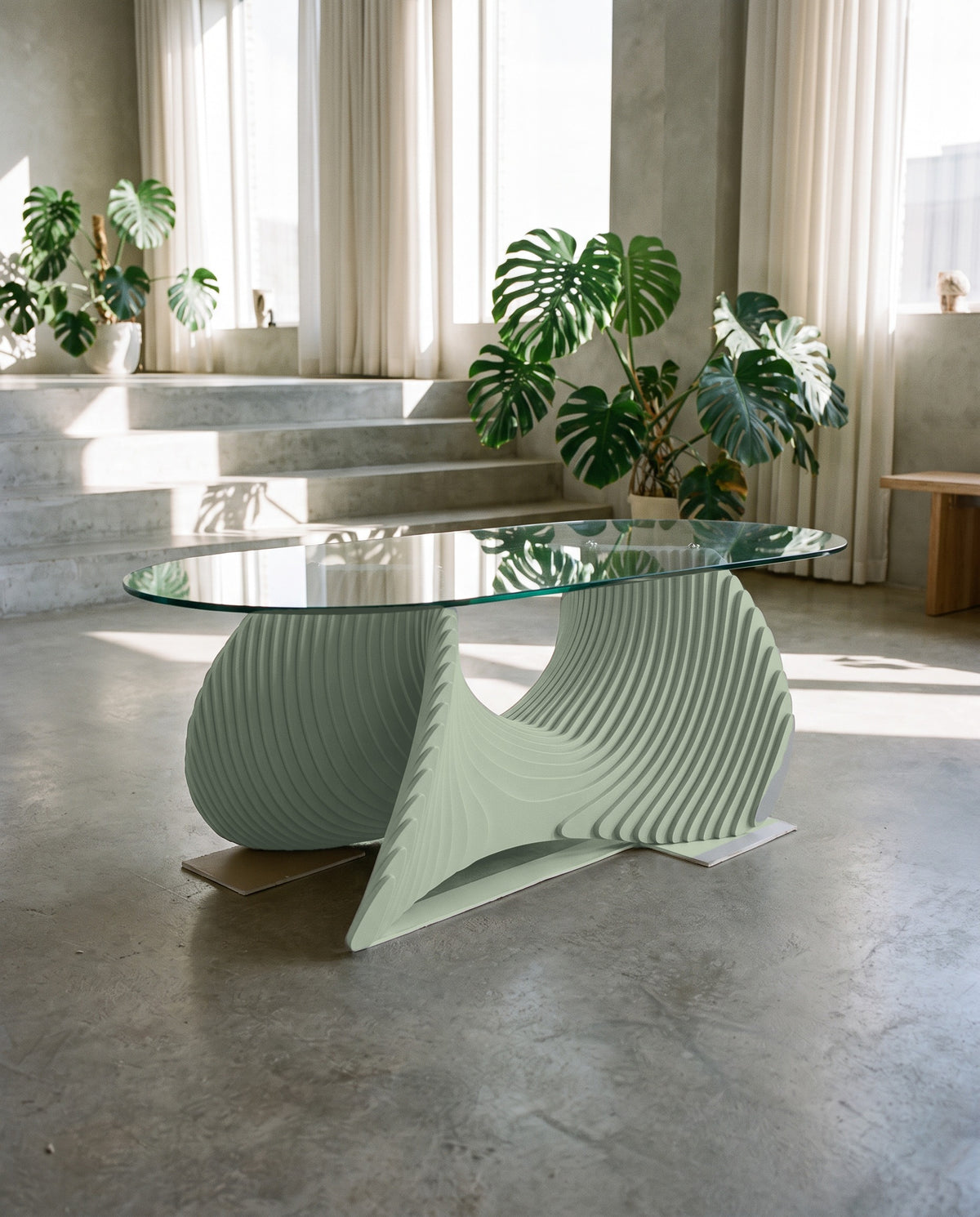 Parametric Coffee Table in sage green - sculptural wood coffee table, CNC-cut in Mississauga, delivered across the GTA