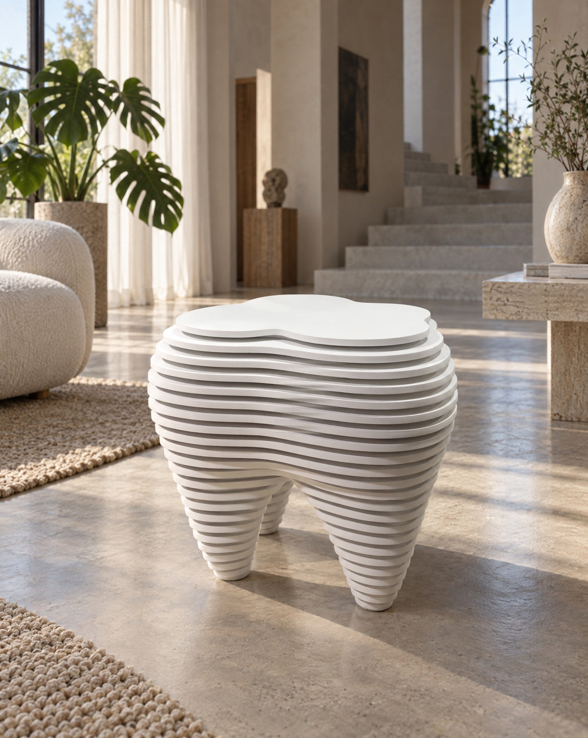 Parametric Tooth Table, a sculptural molar-shaped side table, CNC-cut MDF, made to order in Mississauga for the GTA