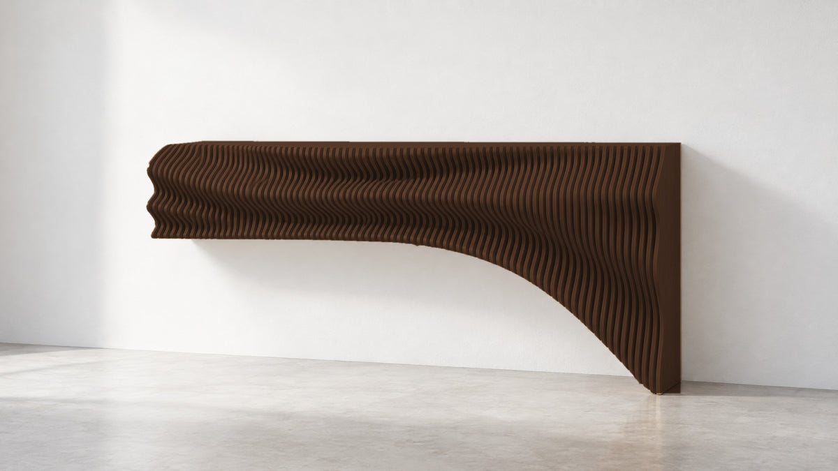 Parametric TV unit in dark brown - floating wall-mounted TV console, CNC-cut in Mississauga, delivered across the GTA