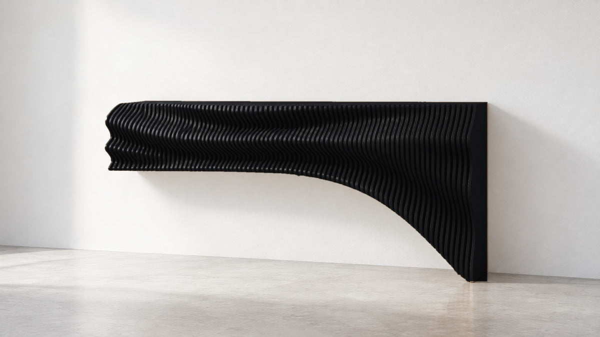 Parametric TV unit in gloss black - floating wall-mounted TV console, made in Mississauga, serving Toronto and the GTA