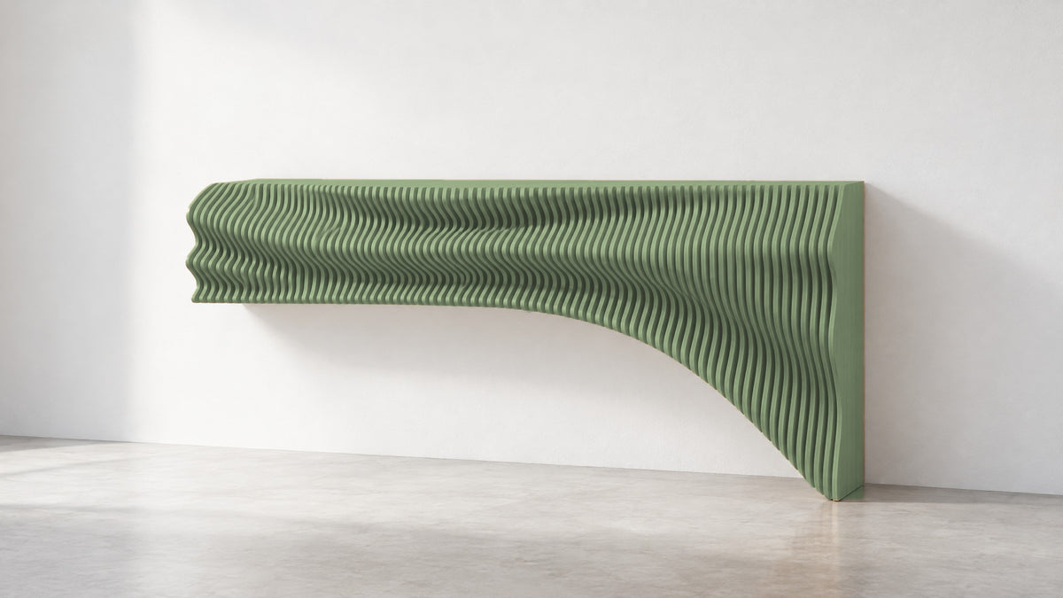 Parametric TV unit in sage green - floating wall-mounted TV console, made in Mississauga, serving Toronto and the GTA