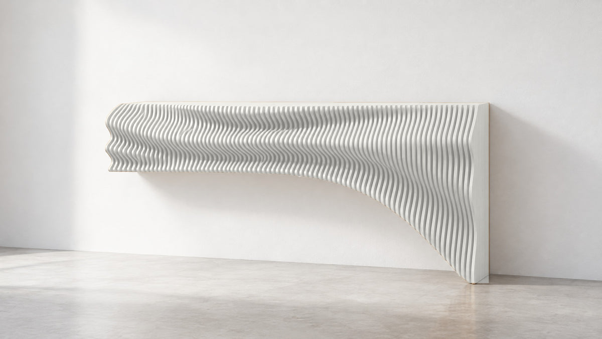 Parametric TV unit in white - floating wall-mounted TV console, CNC-cut in Mississauga, delivered across the GTA