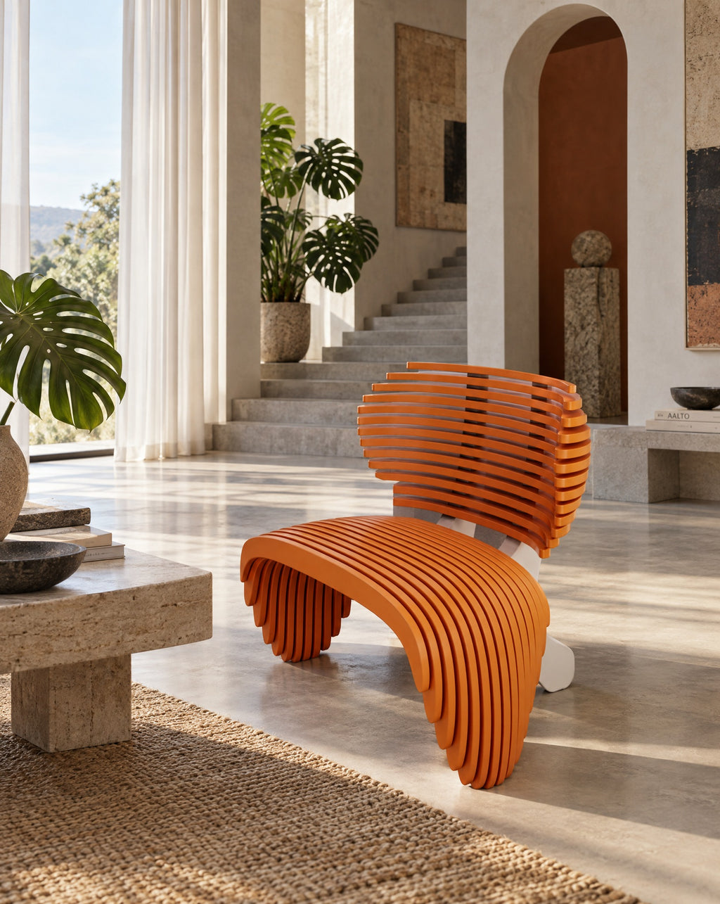 Parametric Zebra Lounge Chair, a sculptural CNC-cut slat lounge chair in a sunlit living room, made to order in Mississauga