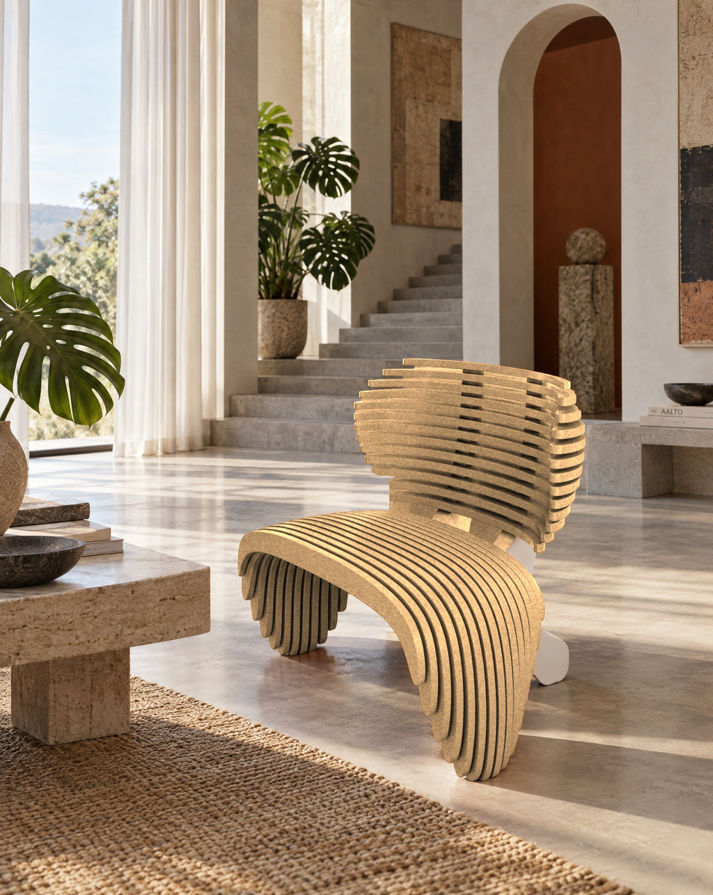 Parametric Zebra Lounge Chair in unpainted MDF, CNC-cut and made to order in Mississauga